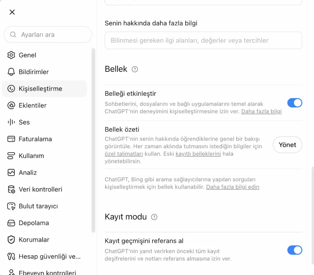 chatgpt bellek temizleme